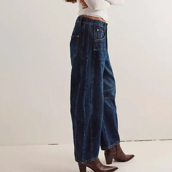 FREE PEOPLE We The Free Good Luck Mid Rise Barrel Leg Jeans in "Deep End" Sz 31 - Picture 4 of 13